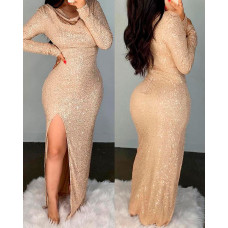 Cowl Neck Split Thigh Allover Sequin Evening Dress - champagne