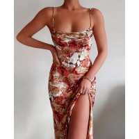 Cowl Neck Split Thigh Floral Print Dress - Multicolor