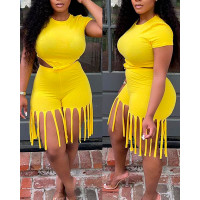 Crew Neck Top & Tassel Design Skirt Set - yellow