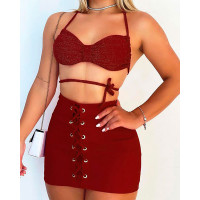 Criss Cross Backless Crop Top & Eyelet Lace-Up Skirt Set - red