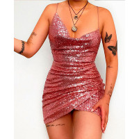 Criss Cross Backless Ruched Sequin Party Dress - pink