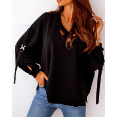 Criss Cross Buckle Detail Drop Shoulder Sweatshirt - black