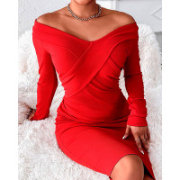 Criss Cross V-Neck Long Sleeve Bodycon Dress - red