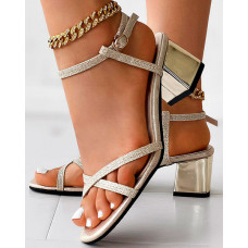 Crisscross Ankle Strap Chunky Heeled Sandals - gold