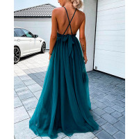 Crisscross Backless Crochet Lace Mesh Prom Dress - green