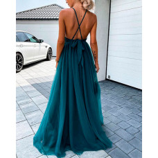 Crisscross Backless Crochet Lace Mesh Prom Dress - green