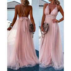 Crisscross Backless Crochet Lace Mesh Prom Dress - pink