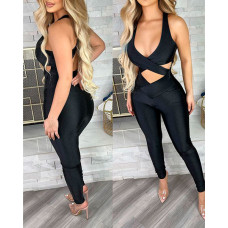 Crisscross Backless Cutout Skinny Jumpsuit - black