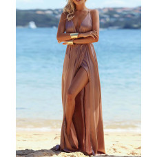 Crisscross Backless High Slit Satin Maxi Dress - Apricot