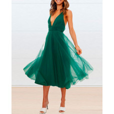 Crisscross Backless Sheer Mesh Evening Dress - green