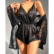 Crisscross Backless Sleep Onesie With Lace Robe - black