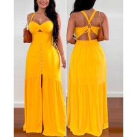 Crisscross Backless Split Thigh Twisted Maxi Dress - yellow