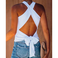 Crisscross Backless Tied Detail Top - white