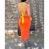 Crisscross Backless U-Neck Bodycon Dress - orange