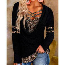 Crisscross Cheetah Print Fake Two-piece Top - black