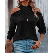 Crisscross Cold Shoulder Long Sleeve Top - black