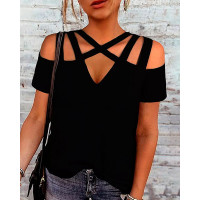 Crisscross Cutout Cold Shoulder Top - black