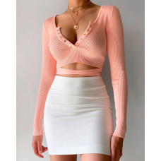 Crisscross Cutout Front Button Detail Crop Knit Top - pink