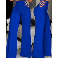 Crisscross Cutout High Waist Pants - blue