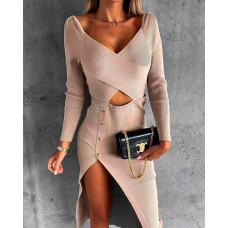 Crisscross Cutout Long Sleeve High Slit Dress - Apricot