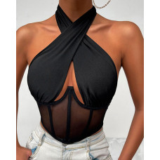 Crisscross Halter Sheer Mesh Crop Corset Top - black