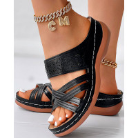 Crisscross Hollow Out Peep Toe Wedge Slippers - black