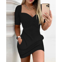 Crisscross Pocket Design Half Sleeve Casual Dress - black