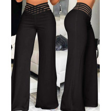 Crisscross Sheer Mesh Patch High Waist Pants - black