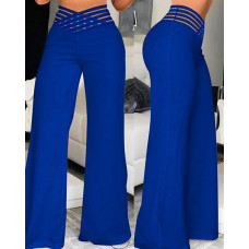 Crisscross Sheer Mesh Patch High Waist Pants - blue