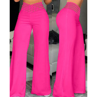 Crisscross Sheer Mesh Patch High Waist Pants - rose red