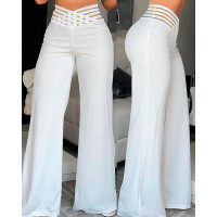 Crisscross Sheer Mesh Patch High Waist Pants - white