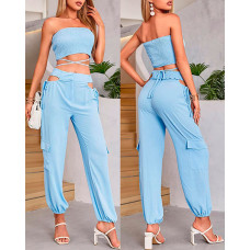 Crisscross Shirred Crop Tube Top & Cutout Pants Set - sky blue