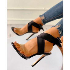 Crisscross Transparent Strap Bow Sandals - black