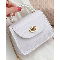 Croc Embossed Twist Lock Beaded Mini Satchel Bag - white