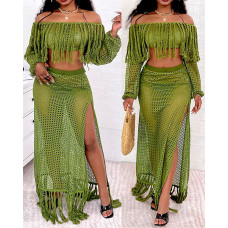 Crochet Casual Mesh Tassel Beach Top & Skirt Sets Swimwear Cover-ups - Army green