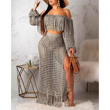 Crochet Casual Mesh Tassel Beach Top & Skirt Sets Swimwear Cover-ups - gray