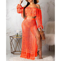 Crochet Casual Mesh Tassel Beach Top & Skirt Sets Swimwear Cover-ups - orange