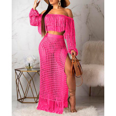 Crochet Casual Mesh Tassel Beach Top & Skirt Sets Swimwear Cover-ups - pink