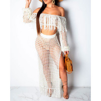 Crochet Casual Mesh Tassel Beach Top & Skirt Sets Swimwear Cover-ups - white