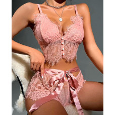 Crochet Eyelash Lace Tied Detail Lingerie Set - pink