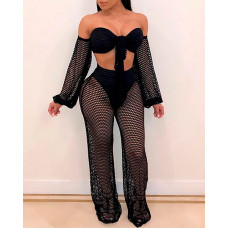 Crochet Fishnet Tied Detail Top & Wide Leg Pants Set - black