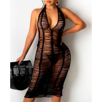 Crochet Halter Backless Ladder Cutout Cover Up Dress - black