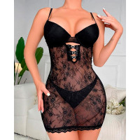 Crochet Lace Bowknot Decor Babydoll With Panty - black