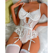 Crochet Lace Bowknot Decor Sheer Mesh Patch Teddy - white