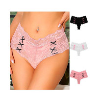 Crochet Lace Bowknot Decor Thong Panty - pink