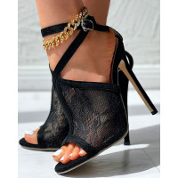 Crochet Lace Buckled Peep Toe Stiletto Heels - black