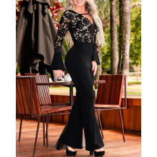 Crochet Lace Cutout Front Bell Sleeve Bootcut Jumpsuit - black