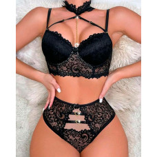 Crochet Lace Cutout Heart Buckled Lingerie Set - black