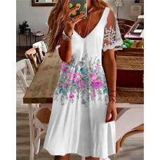 Crochet Lace Floral Print Casual Dress - white