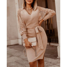 Crochet Lace Knit Casual Dress - beige